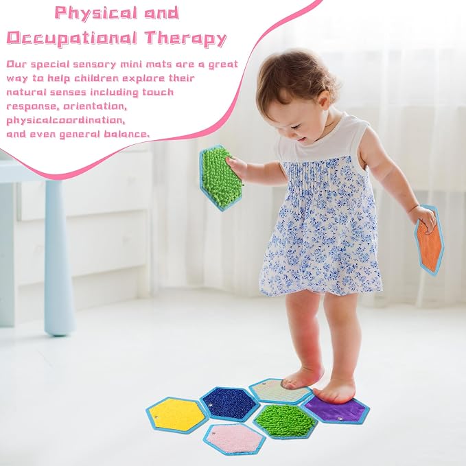 Boao 8 Set Mini Sensory Mats Assorted Textured Play Mats Sensory Floor Tiles Educational Tactile Toys for Activity(7.1 Inch,Hexagon)