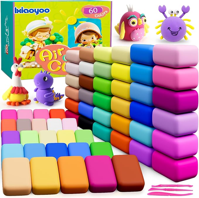 Ixiaoyoo Air Dry Clay, 60 Colors Foam Modeling Clay for School Projects | Safe & Non-Toxic, Soft, Non-Sticky, DIY Model Crafts Kids Toys for Home Party Favors, Birthday Gifts for Aged 3–12 Boys Girls