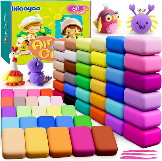 Ixiaoyoo Air Dry Clay, 60 Colors Foam Modeling Clay for School Projects | Safe & Non-Toxic, Soft, Non-Sticky, DIY Model Crafts Kids Toys for Home Party Favors, Birthday Gifts for Aged 3–12 Boys Girls