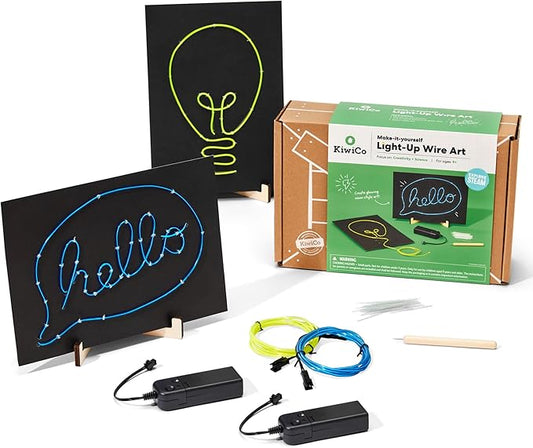 KiwiCo DIY Neon Sign Kit - Light-Up Wire Art STEM Craft, Ages 9+ | Electroluminescent EL wires with battery packs & templates for hands on science and engineering projects; glowing room decor
