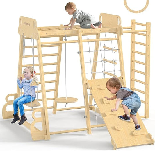 Upgraded Indoor Jungle Gym 9-in-1 Playground Kids Climbing Toys | Waldorf Style Wooden Climber Playset with Slide, Swing, Monkey Bars, Upright/Rope Ladder, Climb Net, Natural Wood Color