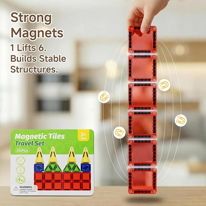 Travel Magnetic Tiles for Kids Car Games Road Trip Essentials | 26 PCS Mini Magnet Building Blocks in Tin Box to Stop Crying - 0.64 lb Pocket Size Educational Toy- Boys Girls Age 3-8