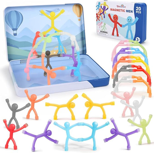 20Pcs Magnetic Travel Toys, Magnets Men for Kids with Portable Metal Box | Airplane Car Travel Fidget Toys Road Trip Activities Essential, Classroom Toys for Kids Birthday Stocking Stuffers Gifts