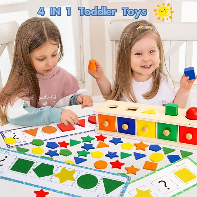Peacurh Montessori Toys Wooden Color & Shape Sorter Toys for Toddlers, Matching Box Sorting Blocks Manipulatives Preschool Learning Educational Toy for 3 4 Year Old Boy Girl Kid Gifts