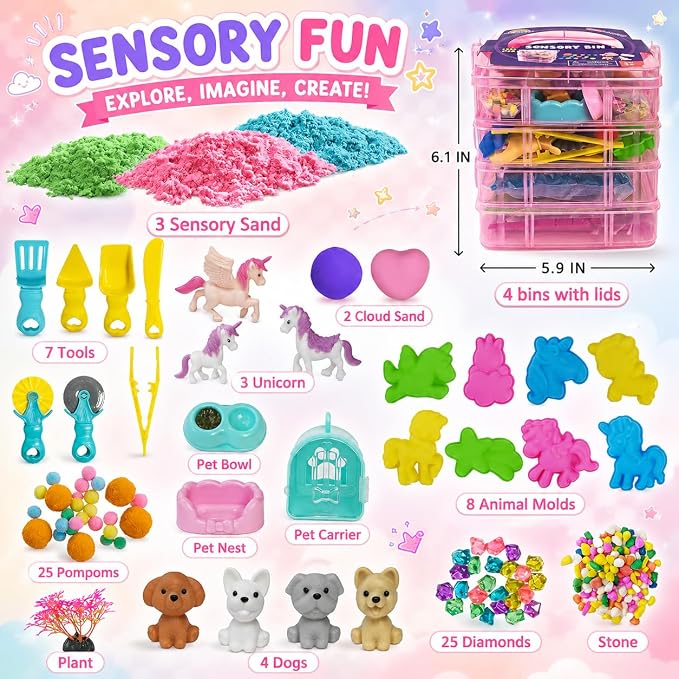 AGENTLAN Stackable Sensory Bin, Unicorn & Pet Sensory Sand Play Set | Unicorn and pet sand box with play sand, sensory toys for toddlers boys and girls, gift for girls ages 3-8