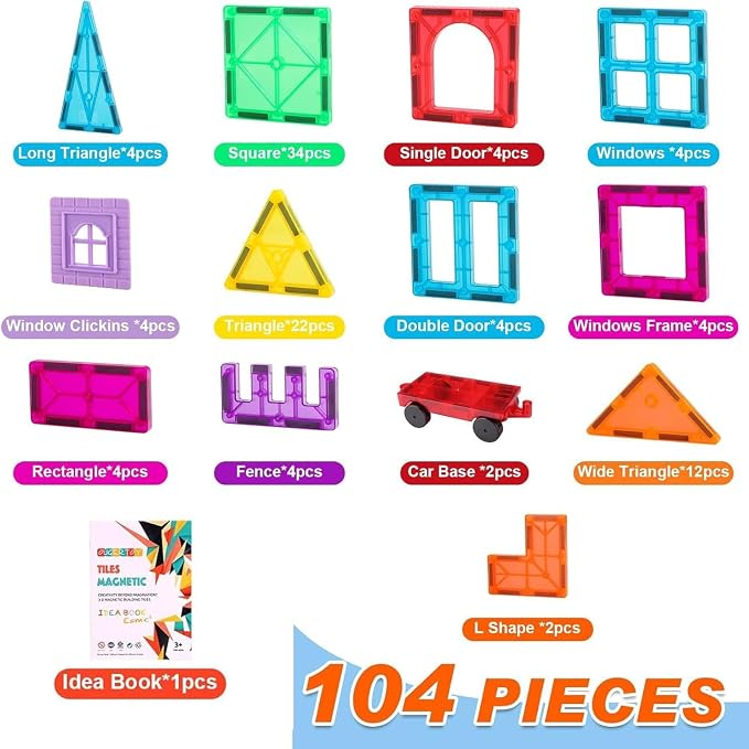 OugerToy 104PCS Magnetic Tiles STEM Building Blocks for Kids Ages 3-9 | Educational Stacking Toys with Car Bases, Creative Construction Gift for Boys Girls OugerToy
