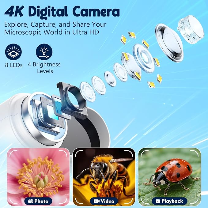 Odatay 4K 1000X Digital Microscope for Kids with 32G Card, Long Distance Viewing & 2.4" Screen Portable Handheld Edu Toys for Age 3-12 Exploring Bugs Plants at Home Classroom & Outdoor Travel, White
