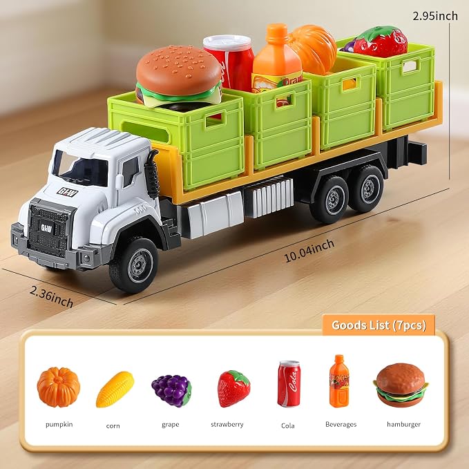 Food Transport Truck Toy for Age 3-8 Kids – 1:55 Alloy Vehicles Head Goods Trailer with Cargo Box and Food Model, Lights & Sounds (Transport Truck White)