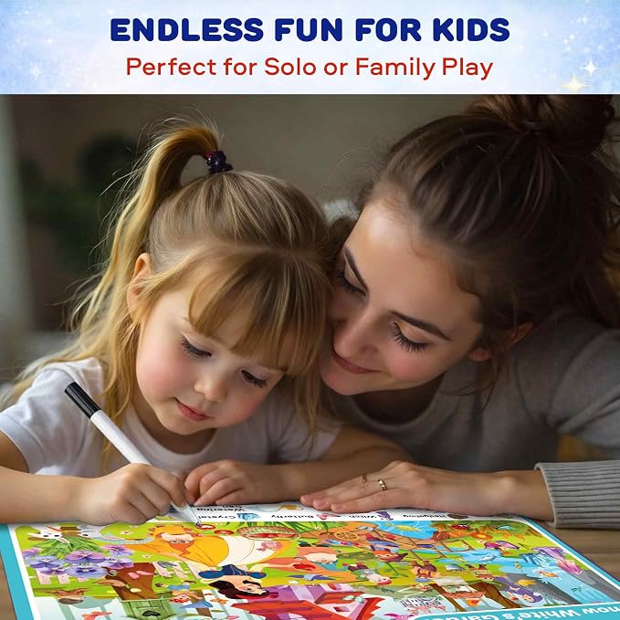 Busy Book for Toddlers 3-5 - Reusable Dry Erase Workbooks for Kids 4-6 | Fantasy Search and Find Activity Pad - Toddler Workbook with Markers for Travel and Quiet Time