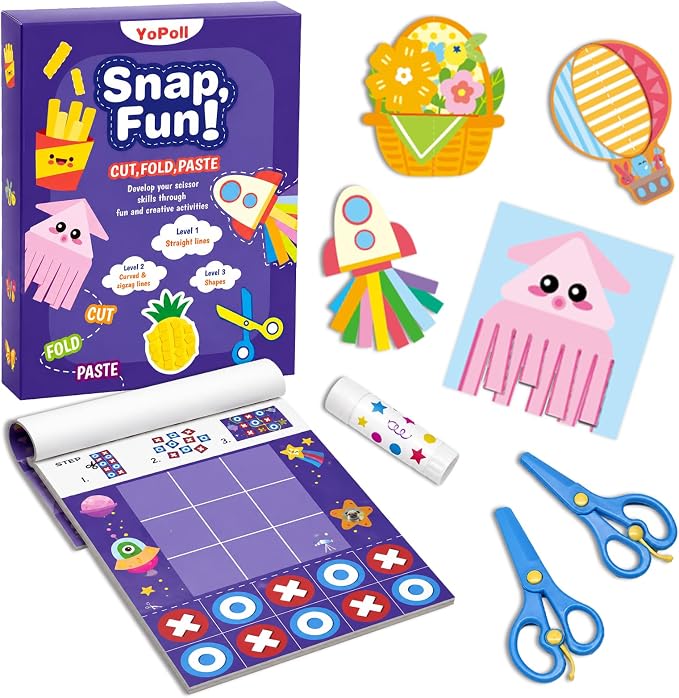 YoPoll Scissor Skills Activity Book for Kids, Toddler Arts and Crafts Kit with 2 Safety Scissors, Preschool Learning Toy for Fine Motor Skills and Creative Cutting Practice, Fun Gift for Boys & Girls