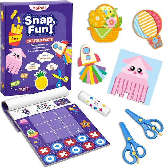 YoPoll Scissor Skills Activity Book for Kids, Toddler Arts and Crafts Kit with 2 Safety Scissors, Preschool Learning Toy for Fine Motor Skills and Creative Cutting Practice, Fun Gift for Boys & Girls