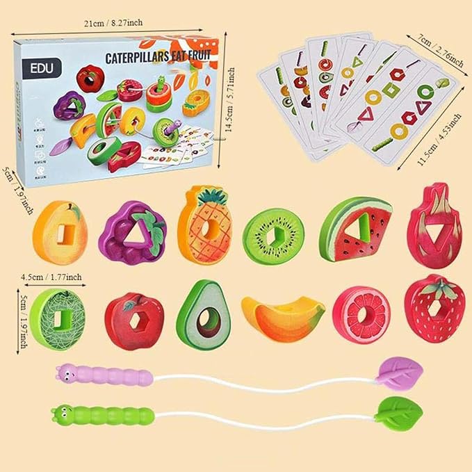 Fruit Veggie Threading Toy, Wooden Greedy Caterpillar Rope Toy, Sensory Play Learning Game, Fruit Veggie String Threading Toys, for Classroom Teaching Travel Car Road Trip