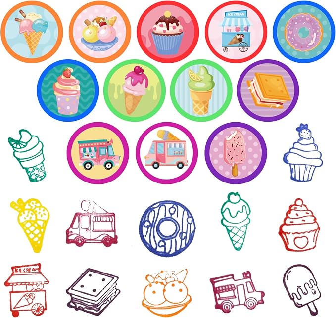 Cinrobiye 24 Pcs Ice Cream Stampers, Candy Donut Party Favors Sweet Themed Birthday Supplies Pre-Inked Classroom Prizes Treat Bag Fillers for Girls Boys Fiesta Pinata Gifts