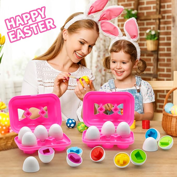MOONTOY 6PCS Kid Easter Eggs Montessori Toys for 18M+ Year Old Boy Girl | Easter Matching Eggs, Educational Color Sorting Kid Puzzle, Cognitive Shape Sorter, Gifts for Kids Easter Basket Stuffers