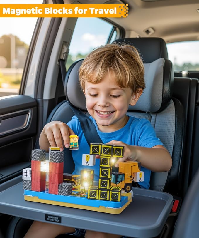Magnetic Blocks 45 pcs Travel Toys for Toddler & Kids, Construction | Travel Essentials for Airplane, Road Trip & Camping, Gift for 3-8 Year Old Boys & Girl, STEM Learning Toy