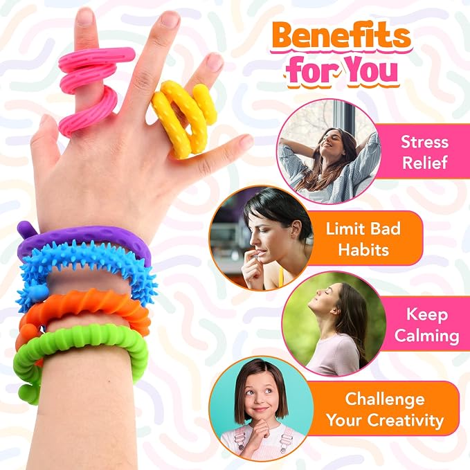 KLT Silicone Fidget Sticks 6 Pack with 6 Unique Textures | 10.5 inches long, bendable design, quiet desk play, creative shaping, portable for home, school, office, travel
