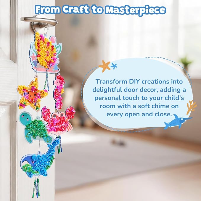 JoyCat Poke Art Wind Chime Craft Kit for Kids, 6 Ocean Figures | Poke colorful fabric into 6 ocean figures, then add chime pieces to create hanging room decor with gentle sound.