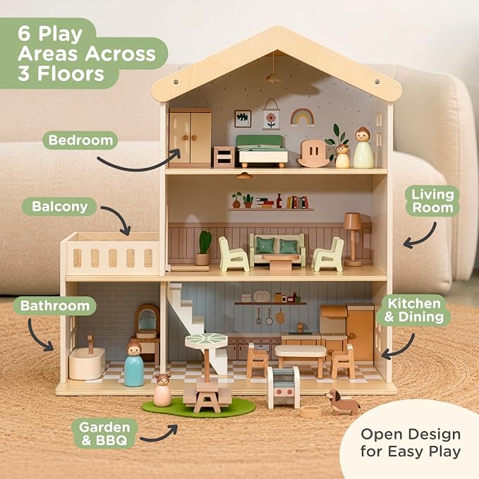 Nene Toys Wooden Dollhouse, 3-Story Doll House for Kids Ages 3+ | 28-piece wooden dollhouse with furniture, family figures, dog, 3 levels, pastel rooms and pretend play for toddlers and kids