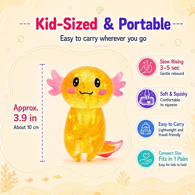 Axolotl Squishy Stress Ball, Soft TPR Slow Rising Squeeze Toy, Cute Axolotl Fidget Toy for Stress Relief, Anxiety Calming Sensory Toy for Kids Adults(Orange Long Tail Axolotl)