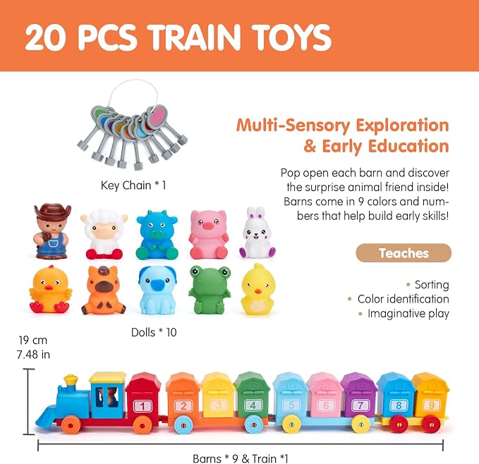 hahaland Montessori Farm Train Set, Toddler Learning Toys for 2-3 Year Olds | Count, Match, Sort Unlock 9 Numbered Barns with Farm Animal Finger Puppets, Color-shape Keys and 4 Train Birthday Gifts