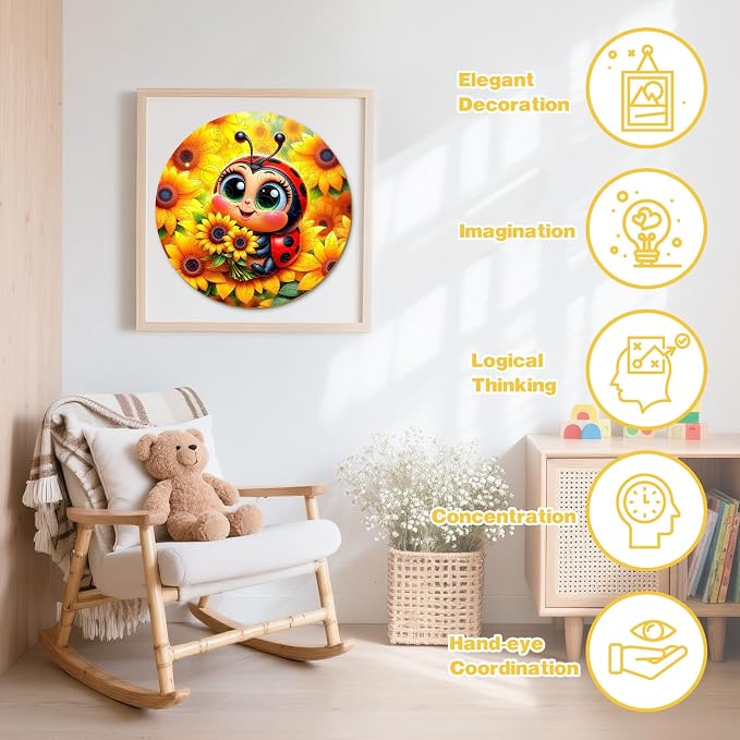 Animal Wooden Puzzles for Kids - Sunflower Ladybug | 50 Piece Puzzles for Kids Ages 6-8, Kids Puzzles with Unique Animal Shapes, Round Gift for Girls and Boys (11.4 * 11.4 in)