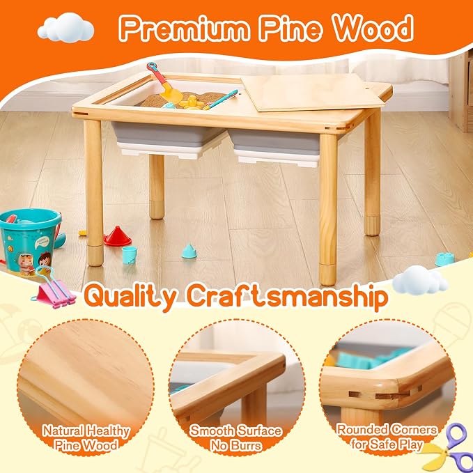 FUNLIO Wooden Sensory Table for Toddlers 1-5, 3-Level Height Adjustable Kids Activity Table with Anti-Warping Plywood Lid, Indoor/Outdoor Play Sand and Water Table, CPC Certified