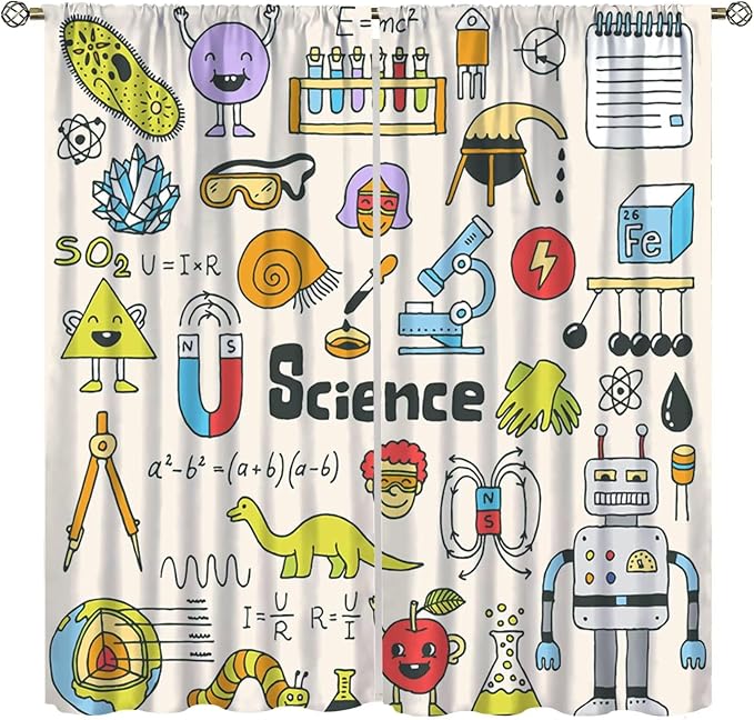 Cartoon Science Bedroom Curtains, Chemistry Science Pharmacy Research Blackout Rod Pocket Window Drapes for Childs Girls Boys Bedroom Living Room Home Set 2 Panels,42x54 Inches