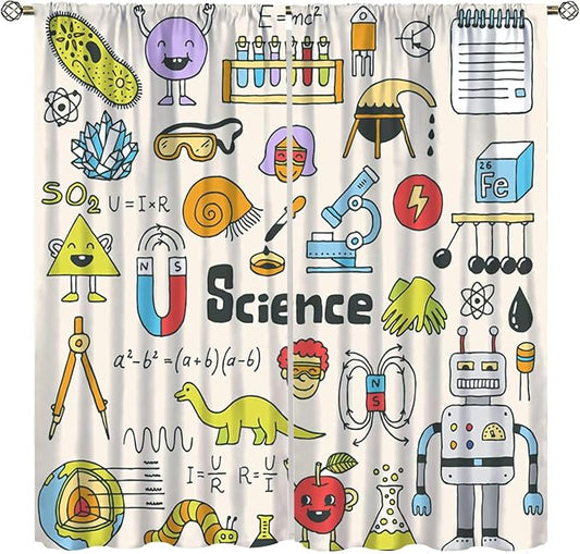Cartoon Science Bedroom Curtains, Chemistry Science Pharmacy Research Blackout Rod Pocket Window Drapes for Childs Girls Boys Bedroom Living Room Home Set 2 Panels,42x45 Inches