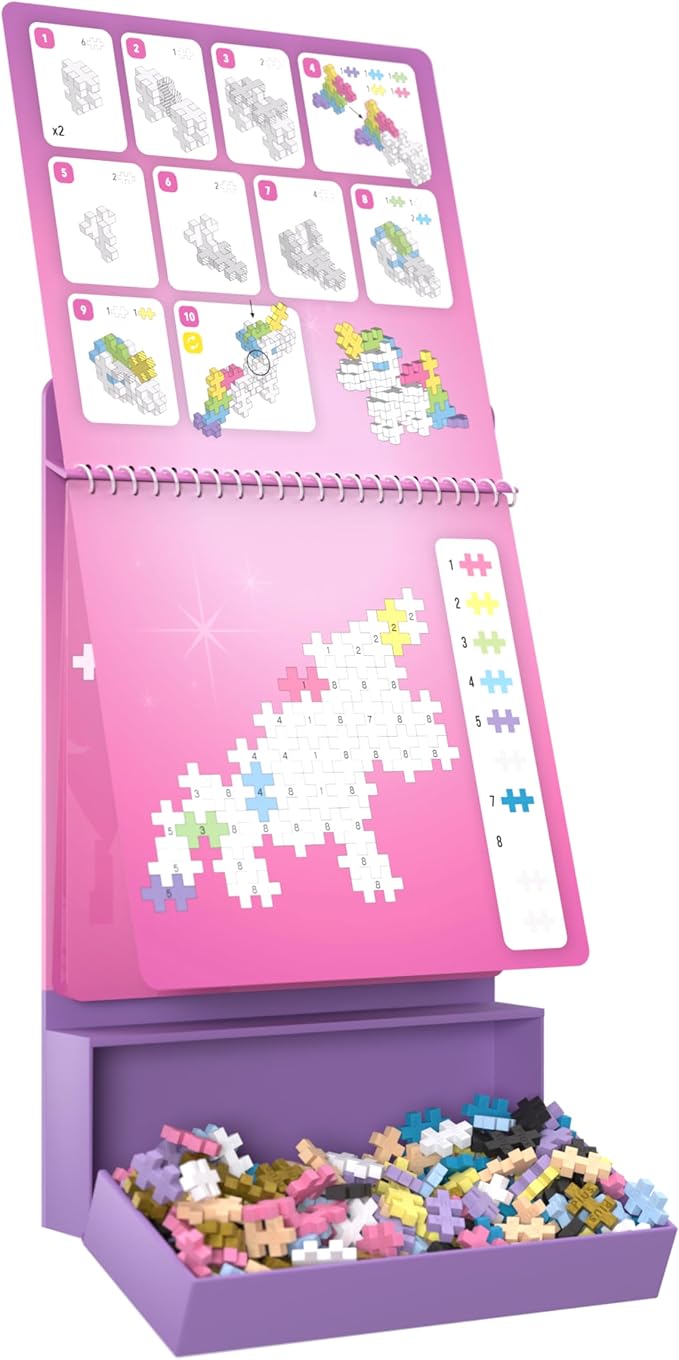 Plus Plus Puzzle By Number Activity Pad, Fairytale - Mini Building Blocks | Roadtrip Essentials for Kids, Interlocking Waffle Blocks, Stem Toy, Airplane Activities for Kids, Kid Car Ride Must Haves