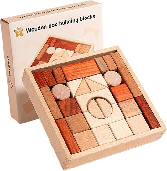 Adena Montessori 29-Piece Wooden Blocks Set, 3+ | Natural wood, 29 geometric solids for sorting, stacking & building. Boosts spatial reasoning & motor skills.