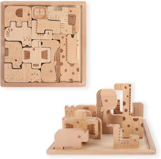 Freniland Wooden Animal Puzzle for Toddlers, 2-in-1 Safari Animal Puzzle & Stacking Toy, Easy-Grip Peg Board Montessori Shape Matching for Kids 18M+