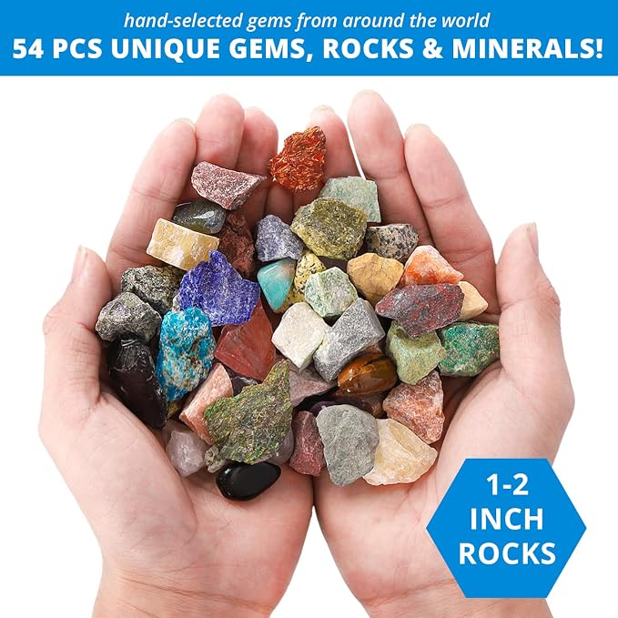 PIBEX Rock Collection Starter Kit, 54 Rocks & Minerals with Name Labels | 9 Polished Gems, 45 Crystals & Stones, Rock ID Cards, Learning Book, Collector Storage Box, Geology Gift for Kids Ages 8+