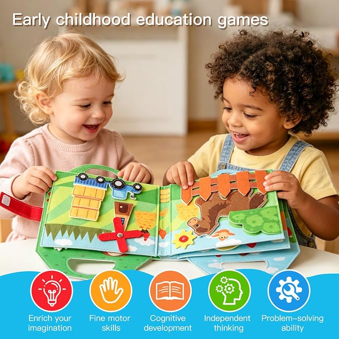 Farm Animals Busy Book for Toddlers 1-3,Montessori Toys 1 Year Old Busy Board,Felt Activity Quiet Book,1 Year Old Toddlers Gifts, Travel Toys for Toddlers 2-4, Children's Birthday