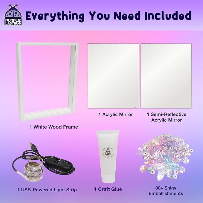 DIY Infinity Mirror Kit, Screen-Free Crafts for Girls Ages 6-12 | Light-Up STEM Crafts with Gems & Assorted Alphabet Beads for Customization, Educational Girls Crafts Ages 6-8