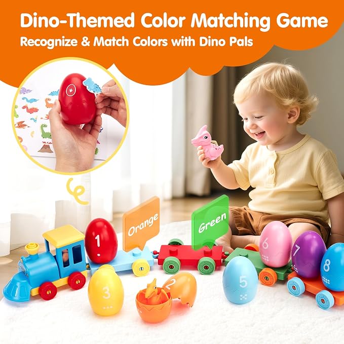 hahaland Montessori Dinosaur Train Set, Learning Toy for Toddlers Ages 2-3 | 22-piece set with 8 dinosaurs, 8 numbered sorting eggs, a buildable train, 2 dinosaur stickers and an adventurer figure.