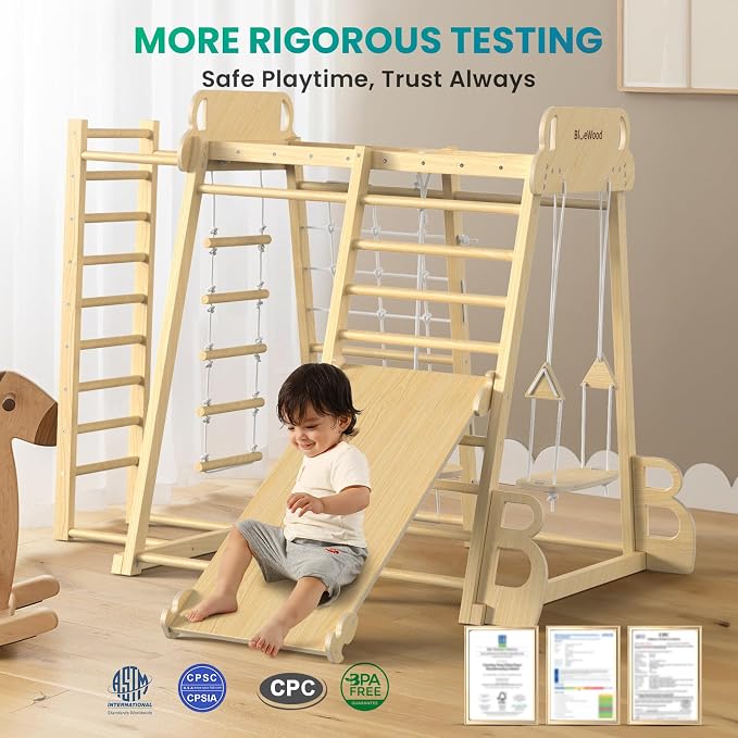 Upgraded Indoor Jungle Gym 9-in-1 Playground Kids Climbing Toys | Waldorf Style Wooden Climber Playset with Slide, Swing, Monkey Bars, Upright/Rope Ladder, Climb Net, Natural Wood Color