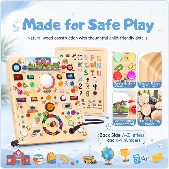 Busy Board with 19 LED Light Switches, Montessori Toys for 1 2 3 Years Old, Wooden Sensory Board, Toddlers Activity Travel Toys for 1 2 3 Year Old Boy & Girl Birthday Gift (Big School)