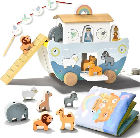 Wooden Noah’s Ark Toy with Book, Baptism Gifts for Boys and Girls | Montessori Toys for 1 Year Old with sorting and pull-along; Christian Baby Toys for Toddlers 1-3; Christmas Birthday Gifts.