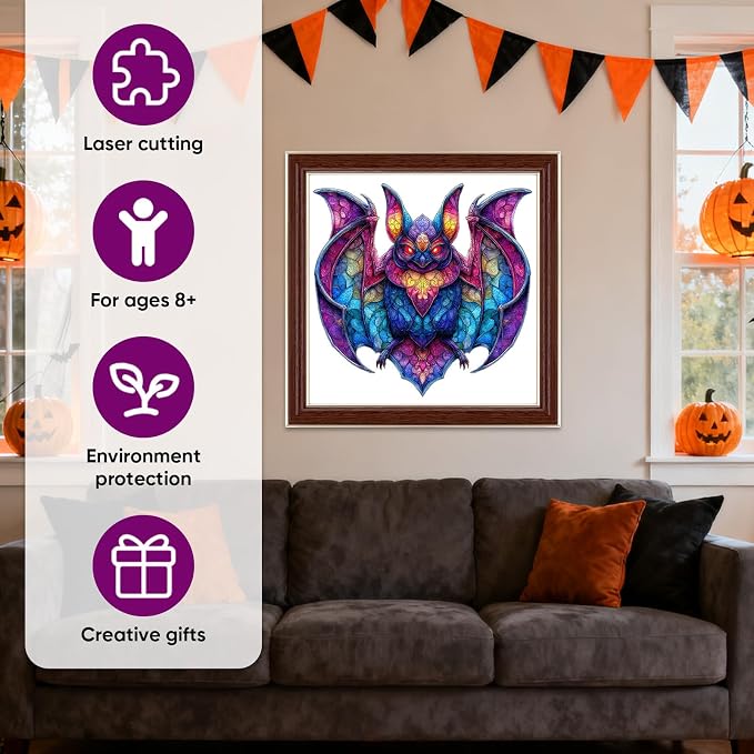 MEATRN Wooden Puzzles for Kids, Stained Glass Bat Wood Puzzles Adult, 198 Pcs
