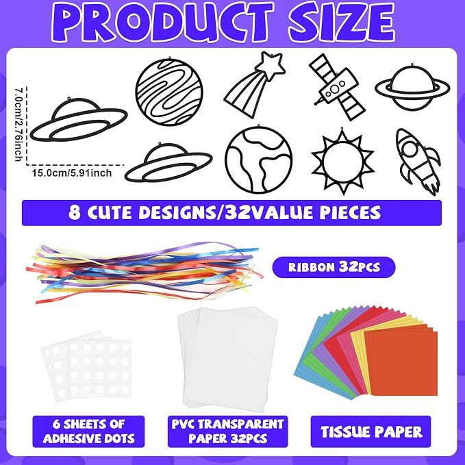 Lonfliness 32 Sets Solar System Suncatchers Crafts Kit DIY Outer Space Window Stained Glass Effect Paper Planet Home School Classroom Decoration Art Craft Creative Activity Project Gift Favor
