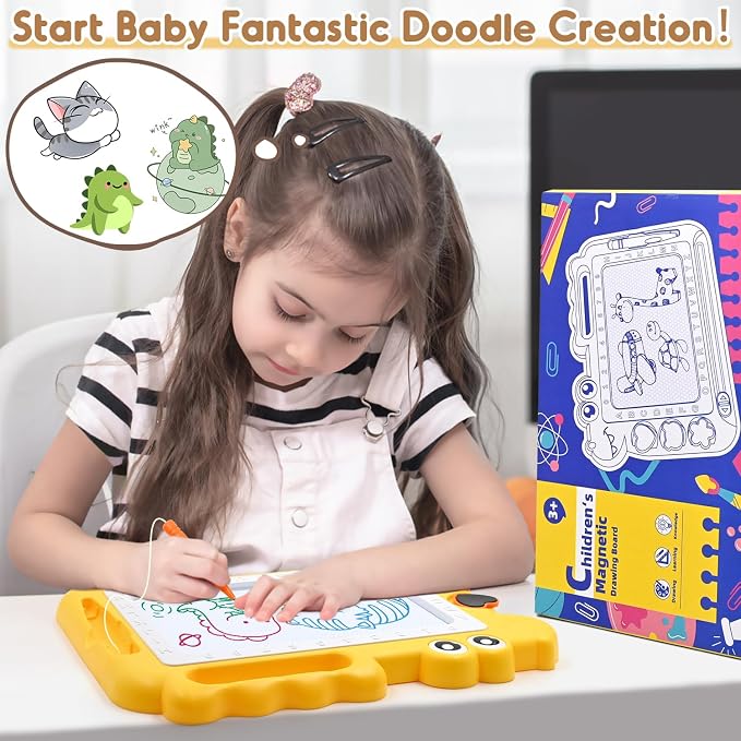 AiTuiTui Dinosaur Magnetic Drawing Board for Toddlers Ages 2-4, Yellow | Doodle Board Toddler Toys, Educational Learning Kids Gift for 3 Year Old Boys Girls, Color Sketch Writing Pad Travel Games