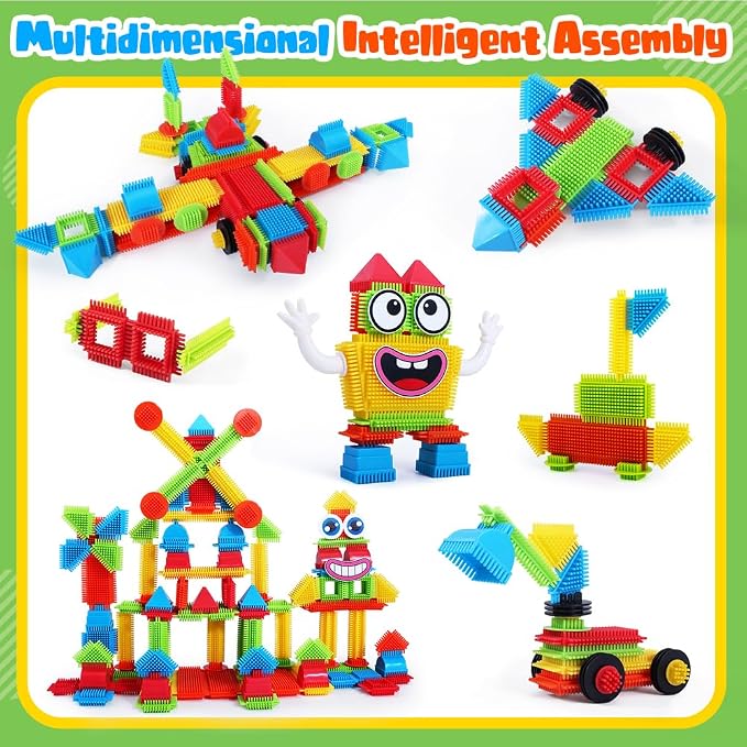 teytoy 200Pcs Building Blocks Toys,Bristle Shape Building Blocks Set | STEM Interlocking Construction Learning Toys Pretend Play for Kids Ages 3+