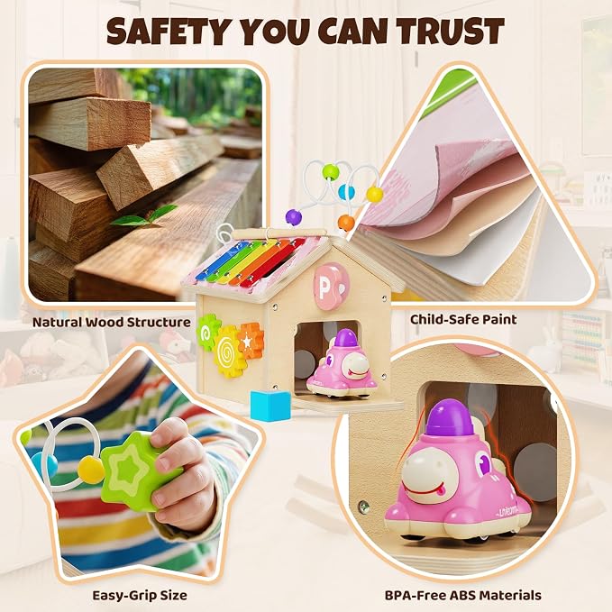 Wooden Activity Cube for Toddlers 1-3 with Press to Go Car Toy, Montessori Baby Educational Learning Toys for Kids, Multipurpose Infant Activity Center, for Girls Boys 1+ Year Old