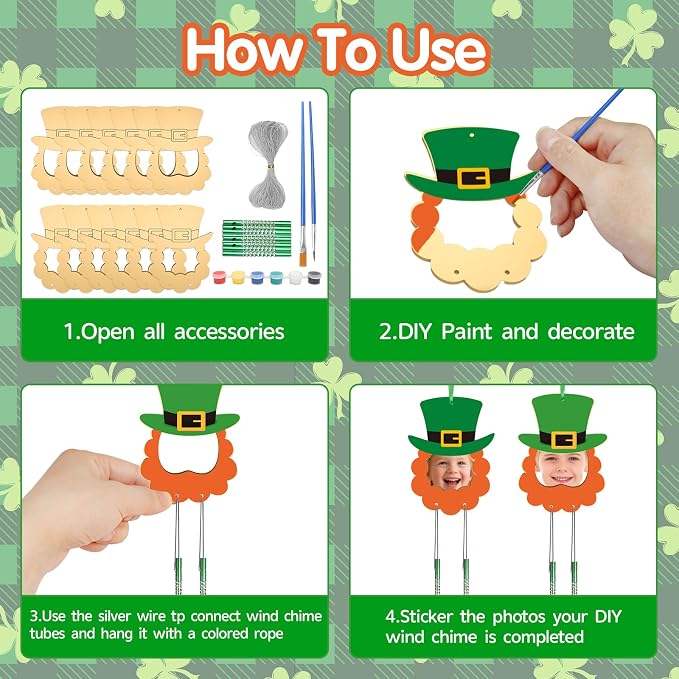 Fennoral 12 Pack St. Patrick's Day Craft Kits for Kids Make You Own Patrick's Day Picture Frame Wind Chime Kit Wooden DIY Coloring Art and Craft for Irish Classroom Art Activity Patrick's Decoration