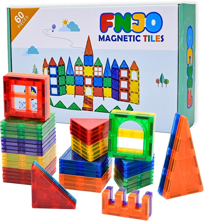 FNJO Magnetic Tiles, Magnet Building Set,60 PCS Building Blocks Set STEM Preschool Montessori Toy for Kids Boys Girls