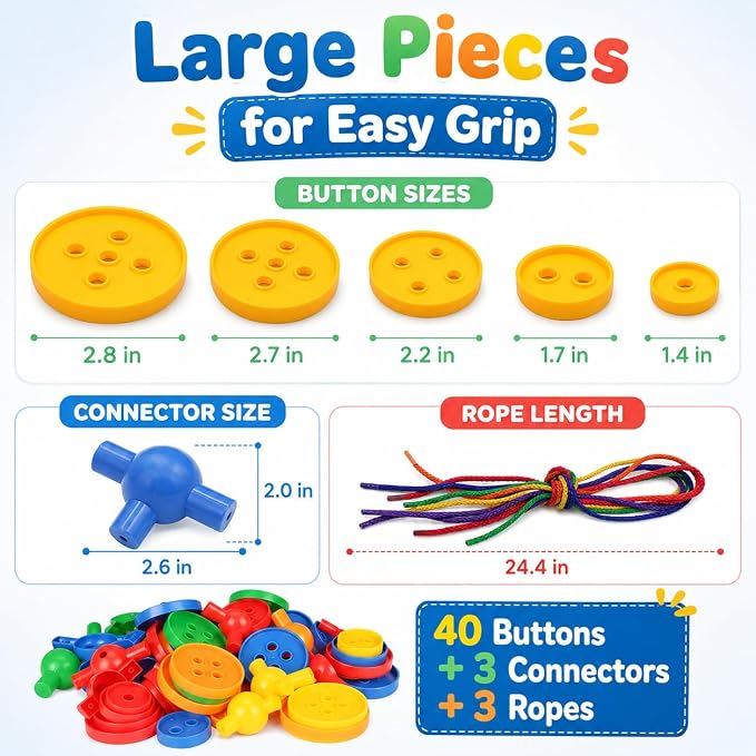 40 Pcs Big Bright Craft Buttons Stacking Toy Plastic Assorted Vivid Button Colors Geometric Shaped Buttons Colorful Large Beads Button Lacing Threading for Arts DIY Crafts Projects