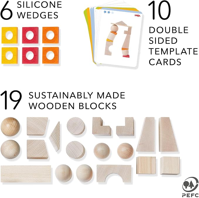 HABA Wooden Blocks Set Teetering Towers with Pattern Cards, Wood Block Set for Ages 4-8 for Fine Motor Skills, Made in Germany Creative Stacking Toy