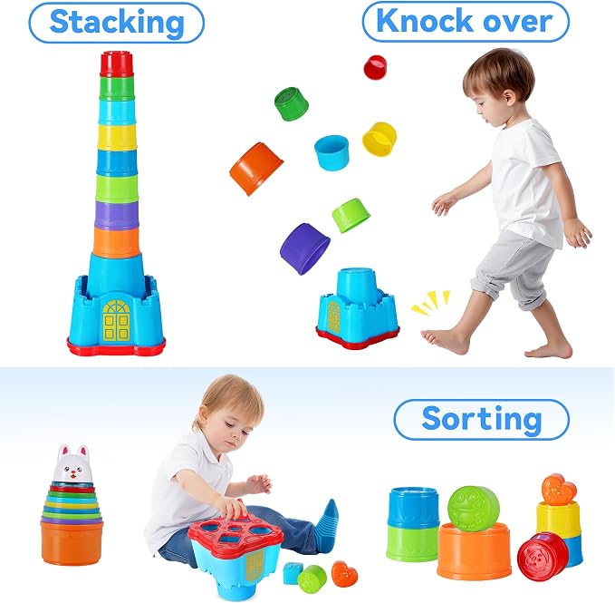 iPlay, iLearn Baby Stacking Cup Toy, Toddler Stackable Block w/Shape Sorter | Infant Stackable Cups Montessori Learing Nesting Sorting Game, Kids Bath Toy Birthday Gift 12 18Month 1 2 3 Year Old Boy Girl