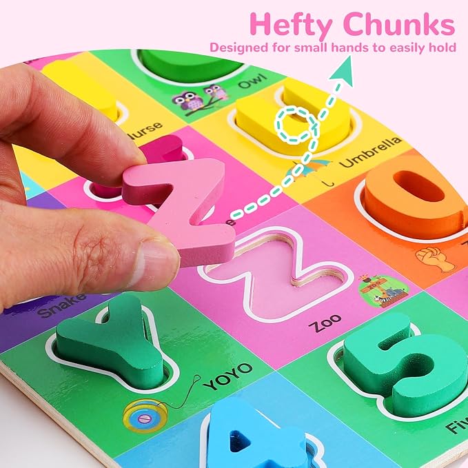 Wooden Alphabet Puzzles Ages 3-5, Alphabet and Number Puzzle with ABC Learning for Kids Ages 3 4 5, Preschool Learning Toys with Chunky ABC Puzzle Board for Girls Boys Kindergarten