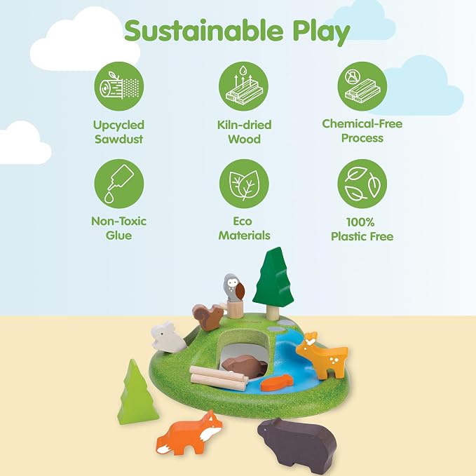 PlanToys® Wooden Animal Toy Set for Toddlers, 16 Pcs Montessori Forest Set | 16 pcs forest playset, trees cave mountain, wooden animal toy set, montessori open-ended nature play, preschool educational k